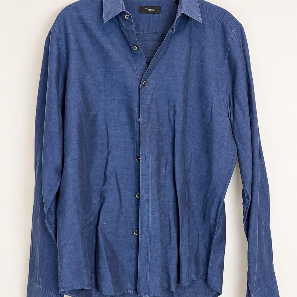 Theory Blue Linen Blend Button-Up Shirt | Men's Medium